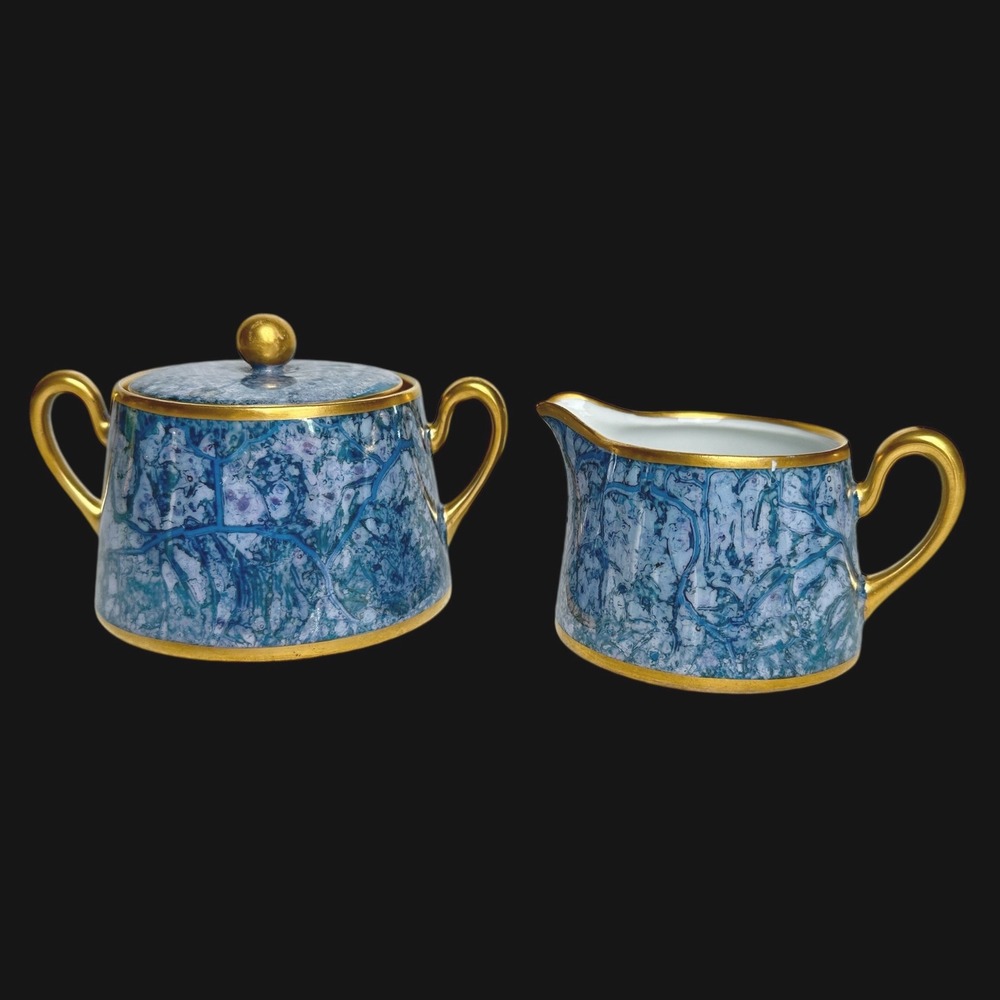 Antique Pickard China Blue‎ Marble Sugar Bowl Creamer Set RS Germany Gold Gilt